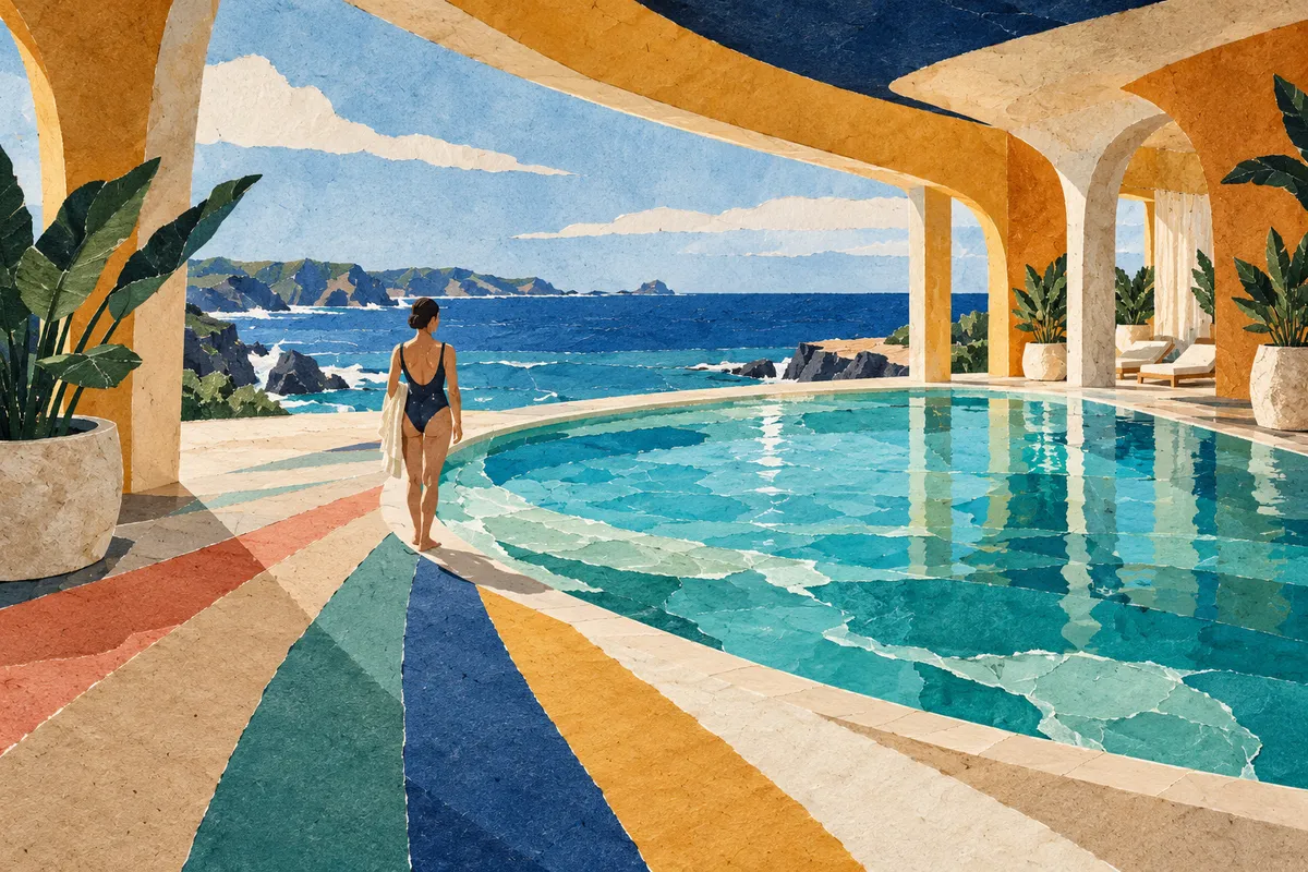 Illustration conceptuelle d’un espace de bien-être marin ouvert sur l’océan.